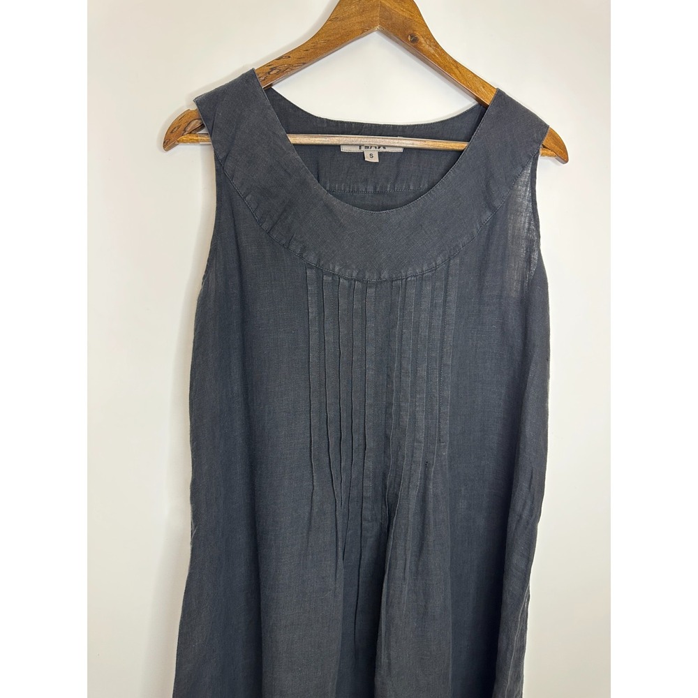 FLAX Faded Black 100% Linen Sleeveless Pleated Front Midi Shift Dress Size Small - Picture 5 of 10